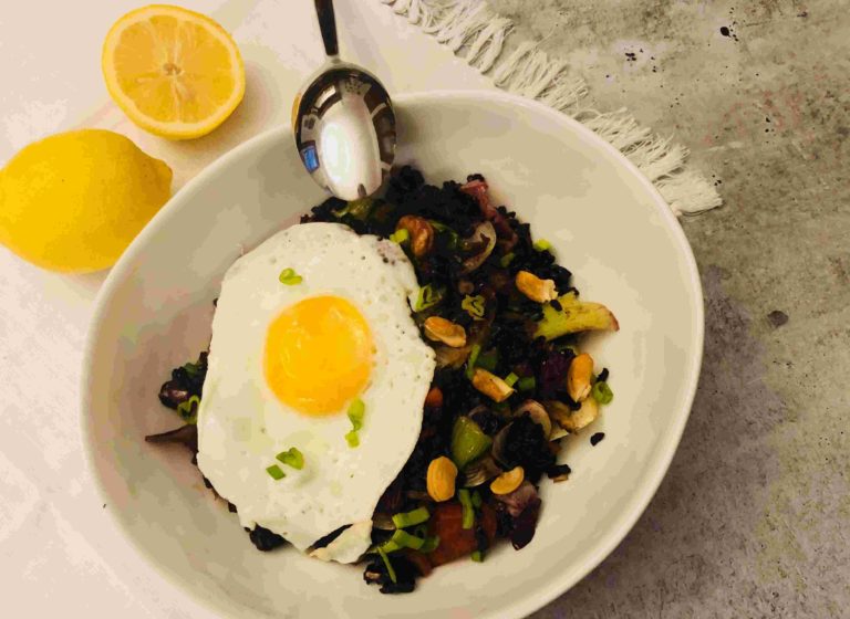 Thai stir-fry with bok choy, black rice and fried eggs by sun basket