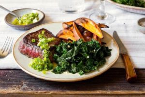 Steak and roasted sweet potato with scallion-ginger relish