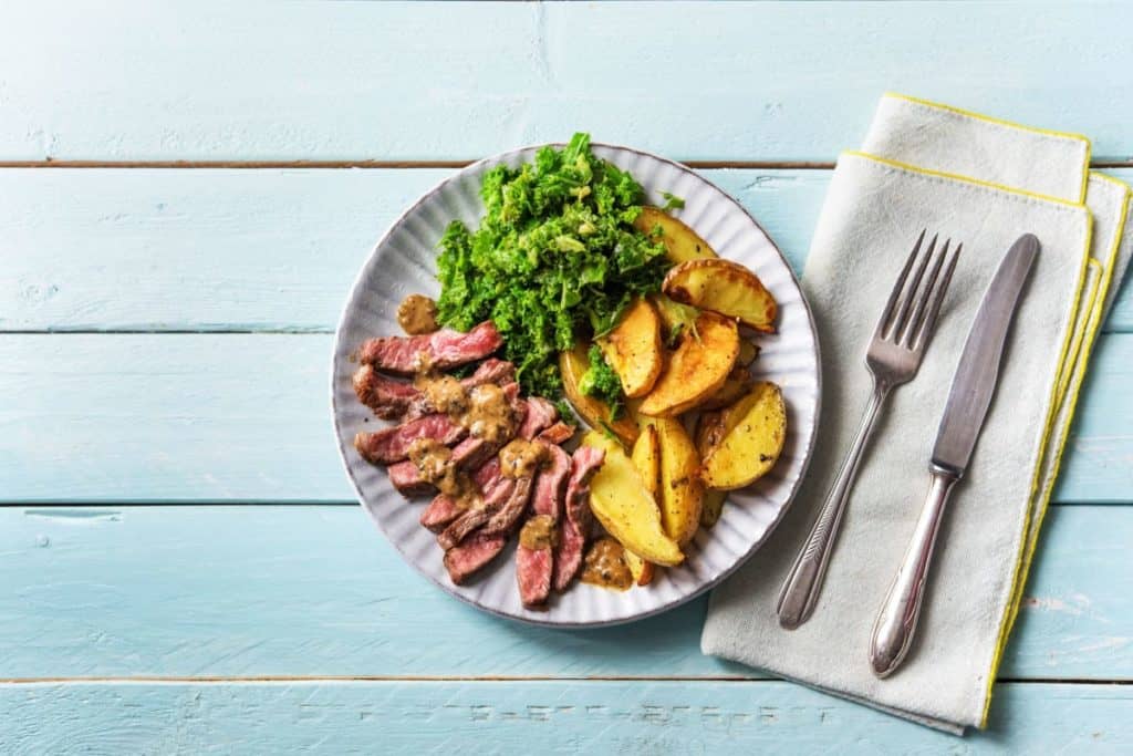 Peppercorn Steak with Potatoes and Creamed Kale