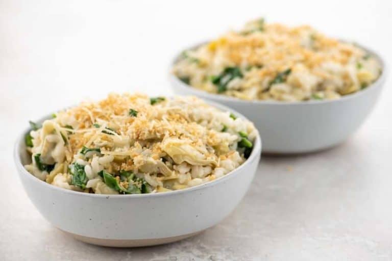 Vegetarian Spinach and Artichoke Risotto with Parmesan and crispy Breadcrumbs